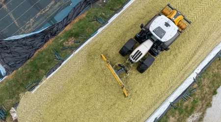 Mammut maïsschuif met kuilwals op trekker met zwenkinrichting en uitgestrekte zijvleugels